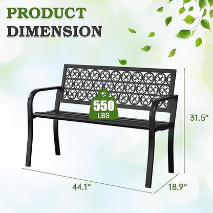 44" Outdoor Garden Bench, Iron Metal Frame Patio Bench with Backrest Armrests, Weatherproof Anti-Rust Outdoor Bench for Front Porch, Park, Yard, Patio (411-Black)