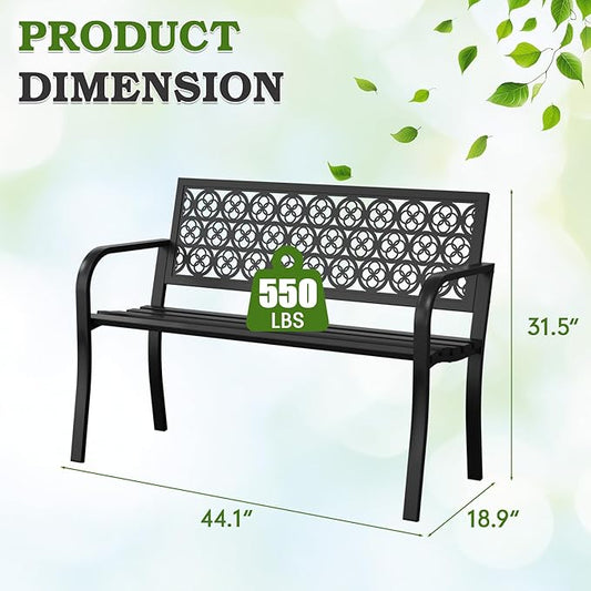 44" Outdoor Garden Bench, Iron Metal Frame Patio Bench with Backrest Armrests, Weatherproof Anti-Rust Outdoor Bench for Front Porch, Park, Yard, Patio (411-Black)