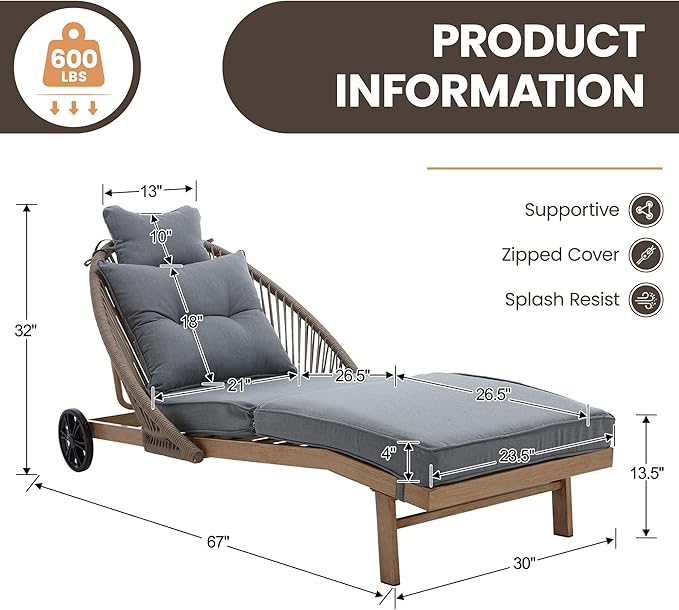 Lounge Chair Outdoor Set of 2 Chaise Lounger, Rope Lounge Chair Patio Chairs with Cushion & Backrest, Outdoor Chaise Lounges for Backyard, Poolside, Patio, Garden, Grey