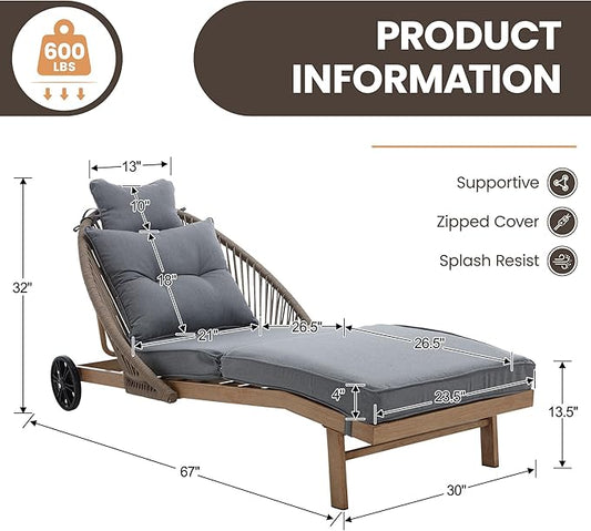 Patio Chaise Lounge Chair with Wheels, Outdoor Lounge Chairs with Thick Cushions, Patio Chaise Lounger Outdoor Handwoven Rope Armrests, Wicker Chairs for Outside, Poolside, Deck, Grey