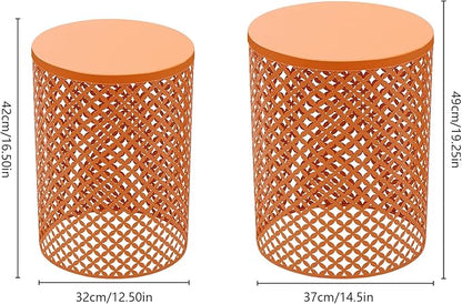 2PCS Outdoor Side Table, Heavy Duty Metal Frame Side Table Decorative Garden Stool Modern End Table Round Coffee Table for Patio Gardens Balconies Cafes (Orange)