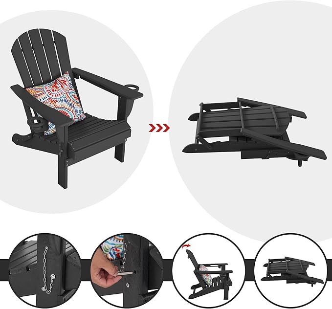 Sundale Outdoor Folding Water & Wind Proof Adirondack Chair with 2 Concealable Cup Holder and 1 Stylish Cushion/Pillow, Perfect for Outside Patio Garden Pool Yard Plastic Classic Black
