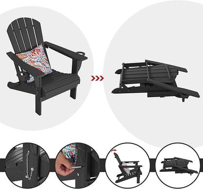 Sundale Outdoor Folding Water & Wind Proof Adirondack Chair with 2 Concealable Cup Holder and 1 Stylish Cushion/Pillow, Perfect for Outside Patio Garden Pool Yard Plastic Classic Black