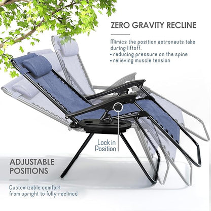 Nestl Zero Gravity Chairs Set of 4, Patio Lounge Chair Outdoor with Pillows & Cup Holder Trays, Adjustable Steel Mesh Reclining Camping Chair, Folding Patio Lawn Chair for Deck, Beach, Yard - Blue