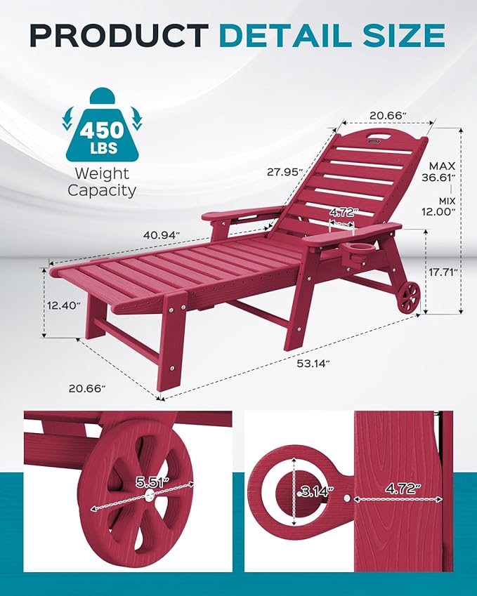 Chaise Lounge Chair Outdoor with Wheels, Adjustable 5-Position Chaise Lounge Outdoor with Wood Texture, Patio Lounge Chair for Poolside Backyard, Red