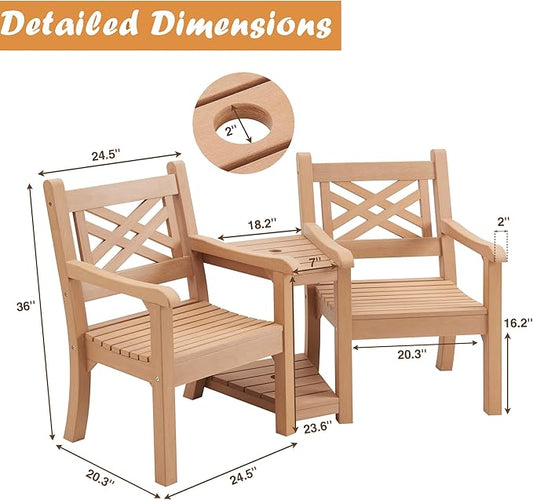 Psilvam Patio Furniture, All-Weather Poly Lumber Outdoor Loveseat, 2-Seater Outdoor Chair with Center Table & Umbrella Hole, Waterproof Accent Chairs Suitable for Lawn, Garden, Terrace (Teak Color)
