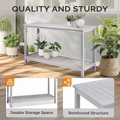 VINGLI 49in Solid Wood Outdoor Console Table, 2-Shelf Wooden Outdoor Accent Plant Table Multifunctional Buffet Bar Storage Organizer for Indoor Patio Porch and Entryway (Gray)