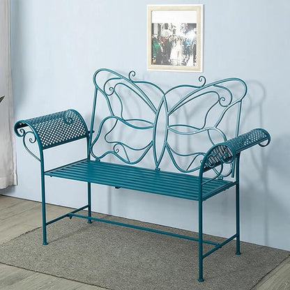 Small Outdoor Bench for Porch Metal Garden Benches with Butterflies Pattern Backrest and Armrests for Garden, Porch, Yard (White, Black, Blue) (Color : Blue)