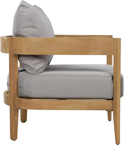Christopher Knight Home Nadine Acacia Wood Club Chair, Outdoor Accent Chair, Tub Shape Design Armchair, Comfort Cushions Seating, Slat Open Back Reading Sofa for Balcony Backyard Garden, Teak+Gray