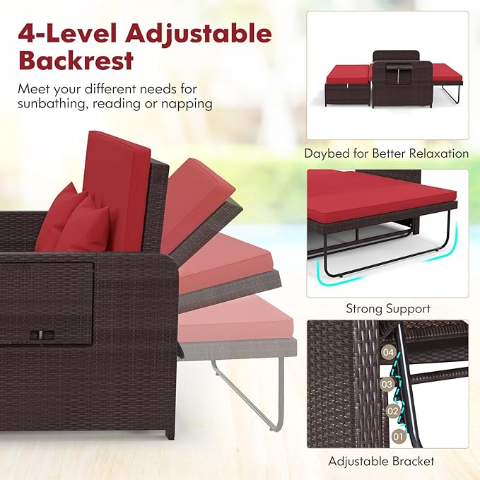 LDAILY Moccha Outdoor Daybed, Wicker Loveseat Sofa Set with 4-Postion Adjustable Backrest, Storage Ottoman, Cushions - Photo 4