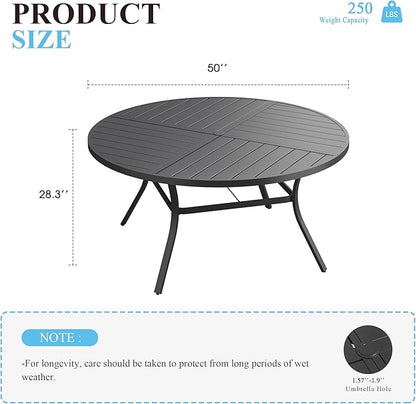 VICLLAX 50" Round Patio Table with Umbrella Hole, All Weather Metal Outdoor Dining Table for 6, Outside Table with Storage Shelf for Lawn Garden, Black
