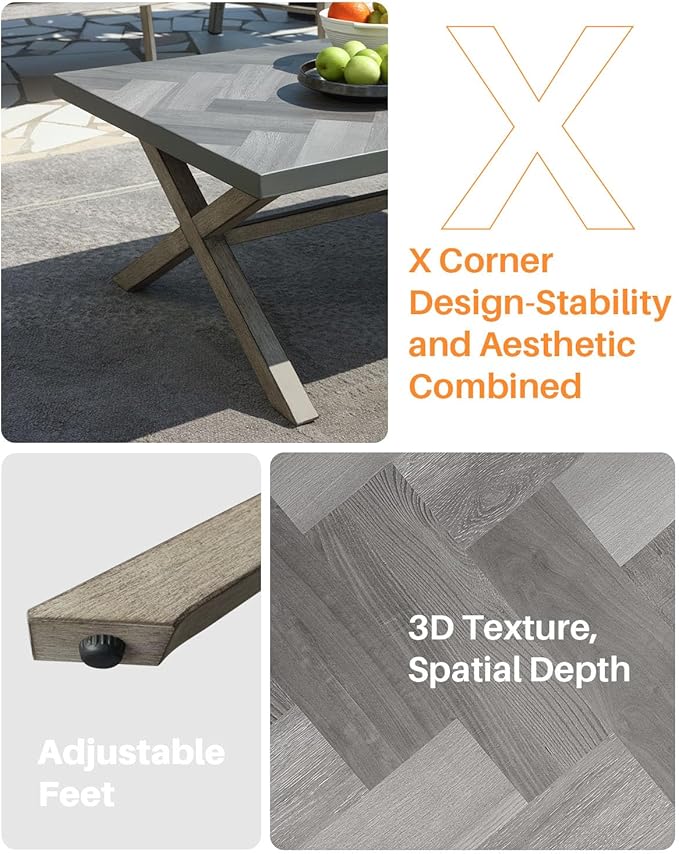Aluminum Outdoor Coffee Table, All-Weather Rectangle Patio Coffee Table with Resin Tabletop, Modern Aluminum Outdoor Furniture Table for Patio, Poolside, Garden, Balcony, Limed Oak
