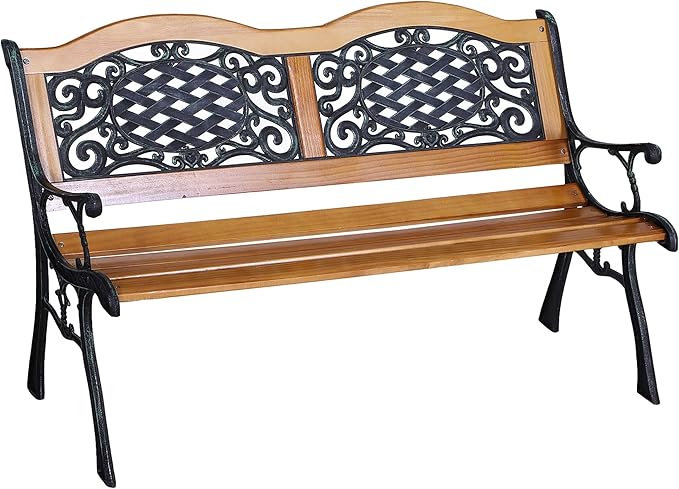50" Outdoor Garden Bench with Wood Seat and Metal Frame 528 lb Capacity Classic Comfort Patio Bench with Antique-Like Flourishes for Backyard Deck Lawn Outside Pool Natural