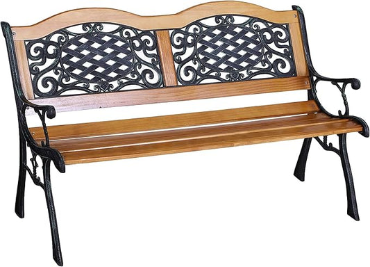 50" Outdoor Garden Bench with Wood Seat Weatherproof Patio Bench with Metal Frame Classic Porch Bench Comfortable Ergonomic Seating for Backyard Deck Poolside Natural