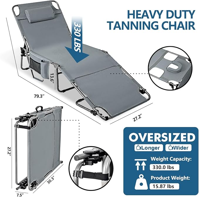 Tanning Chair with Face Hole, Adjustable Folding Chaise Lounge Chairs for Outside with Detachable Pillow & - Photo 2