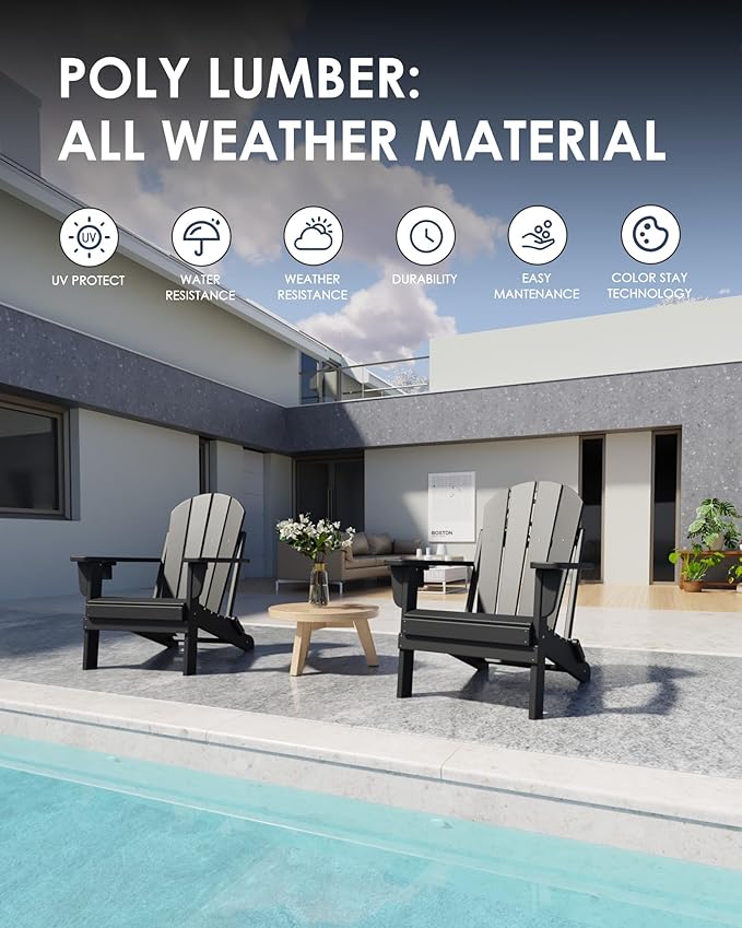 Folding Adirondack Chairs Set of 4, All-Weather Resistant HDPE Patio Firepit Chairs, Sturdy Outside Chairs with Cup Holder, Lawn Chairs, 80% Pre-Installed Load Capacity 385lb, Black