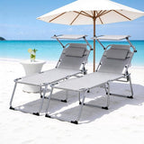 Unovivy Outdoor Lounge Chairs with Canopy Set of 2, Folding Tanning Chair with 5-Position Reclining Back - Photo 3