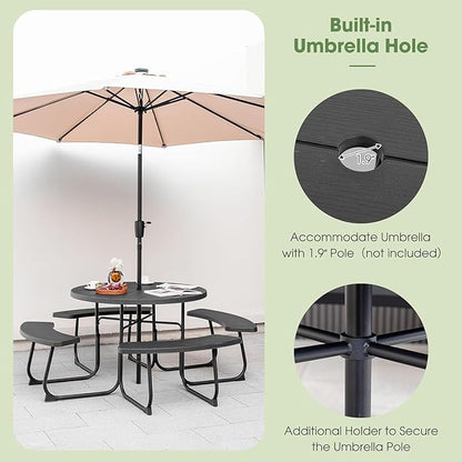 Round Picnic Table for Outdoors, 8 Person Outdoor Picnic Tables & Benches Set with Umbrella Hole, HDPE Tabletop & Metal Frame, 2000 LBS Capacity Table Bench Set for BBQ, Garden, Lawn, Patio