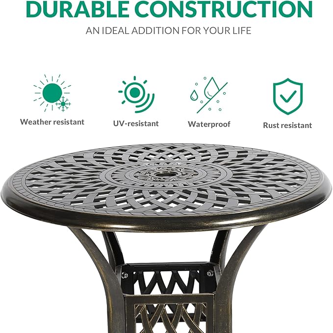 VIVIJASON 31" Patio Bistro Table Outdoor Dining Round Table Bronze Cast Aluminum Table with Umbrella Hole