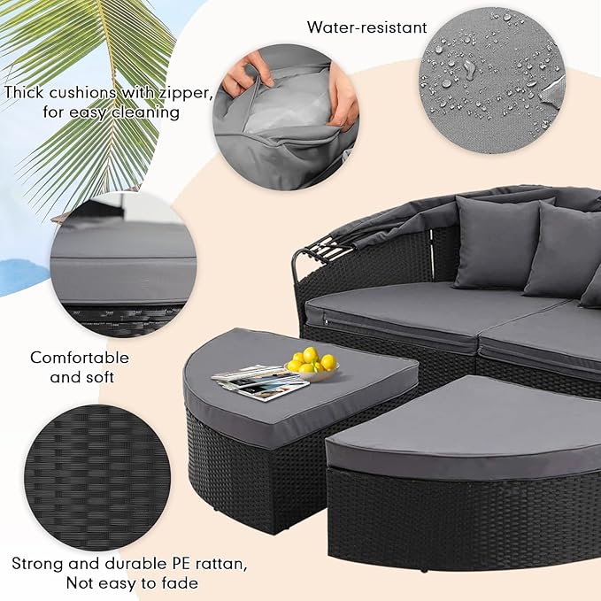 Outdoor Patio Furniture Canopy Daybed Round Sofas, 4 Pieces Seating Separates Cushioned Seats, Black Wicker - Photo 3