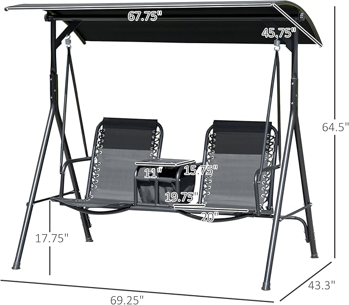 Outsunny 2-Seat Patio Swing Chair, Outdoor Canopy Swing Glider with Pivot Storage Table, Cup Holder, Adjustable Shade - Photo 7