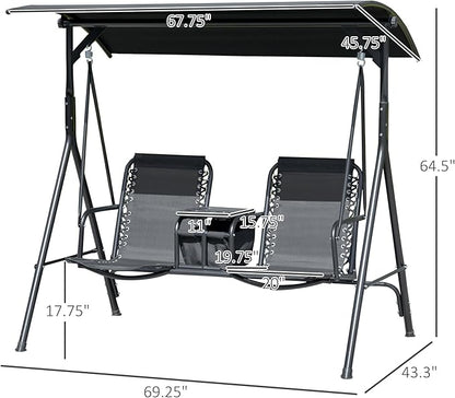 Outsunny 2-Seat Patio Swing Chair, Outdoor Canopy Swing Glider with Pivot Storage Table, Cup Holder, Adjustable Shade, Bungie Seat Suspension and Weather Resistant Steel Frame, Black