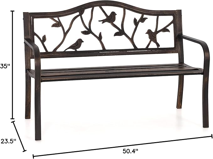 PHI VILLA Outdoor Garden Park Bench Patio 50" Metal Bench, Steel Frame Bench with Backrest and Armrests for Porch, Lawn - Photo 2