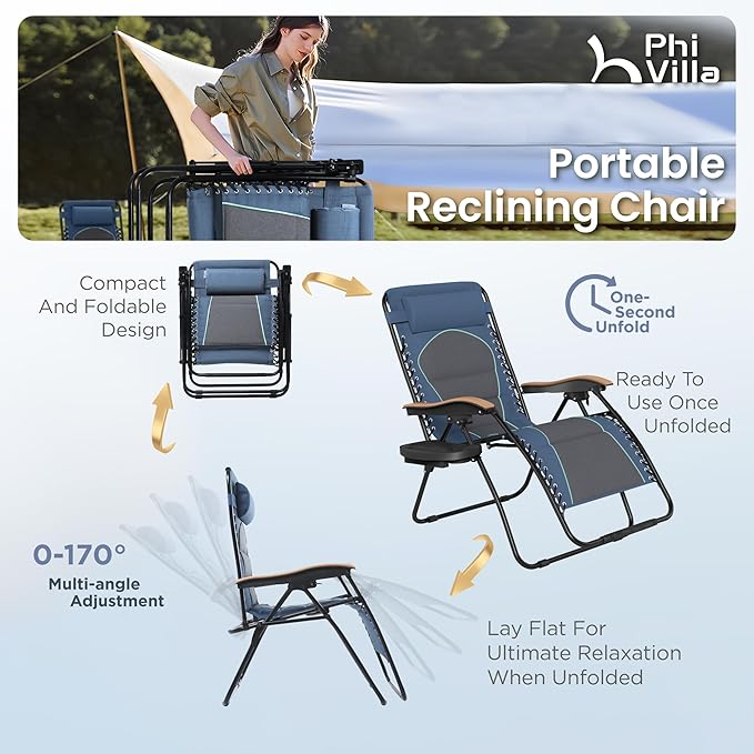 PHI VILLA XXL Oversized Padded Zero Gravity Chair, Foldable Patio Recliner - Photo 5