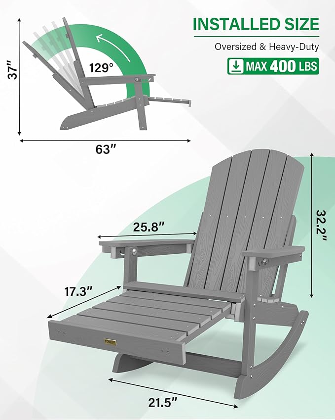 YEFU Adirondack Chairs with Retractable Ottoman: Oversize Adirondack Rocking Chairs - 5-Level Adjustable High Back - Outdoor Rocker with Cup Holder for Porch/Gardens/Lawn/Patio/Backyard/Grey