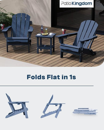 Adirondack Chair with Footrest,Folding Adirondack Chair with Retractable Ottoman,HDPE All Weather Fire Pit Chair with Cup Holder,2-Piece (Navy Blue, 1 Chair &1 footrest)