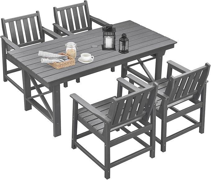 HDPE Patio Dining Set, 5-Piece Outdoor Table and Chairs with Umbrella Hole, Modern Outdoor Dining Set for 4 - Photo 1