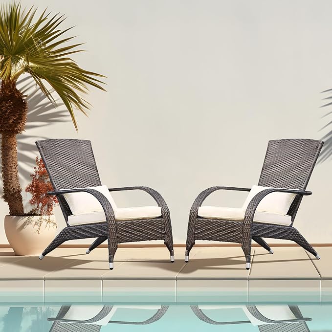 Adirondack Chairs Set 2 Outdoor Wicker Rattan Fire Pit Chairs Oversized Comfy Relax Accent Patio Chairs with Soft Cushion Low Deep Seating Tall Curved Backrest for Outside Backyard Deck Porch Cream