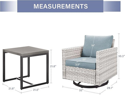 Outdoor Patio Swivel Rocker Chairs - 3 Piece Wicker Patio Furniture Bistro Swivel Rocking Chairs Set with Comfortable Cushions,Sturdy Metal Frame and Side Table for Porch Deck(Light Grey/Sky Blue)