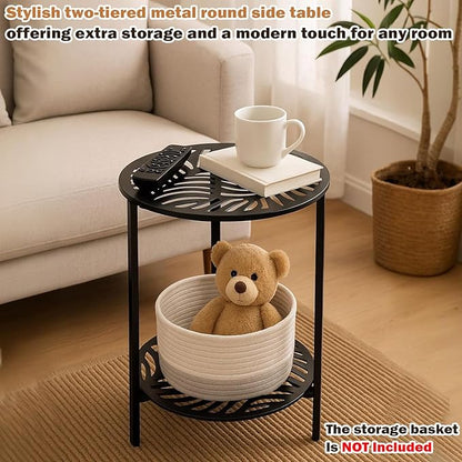 13" Two-tiered Metal Round Side Tables Small Black Outside End Table for Patio Round Accent Garden Corner Stand for Small Spaces Weather-resistant Outdoor Coffee Table for Balcony Porch Plant Stand