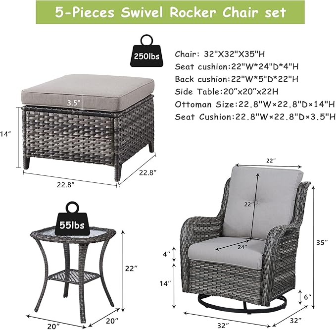 Rilyson Wicker Patio Furniture Set - 5 Piece Rattan Outdoor Sectional Conversation Sets with 2 Swivel Rocking Chairs - Photo 2