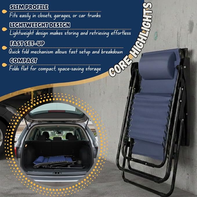 EZONE Zero Gravity Lounge Chairs Outdoor Adjustable Reclining Patio Chair Steel Mesh Folding Recliner for Pool Beach Camping Lounge Chair with Pillows and Cup Tray (2, Navy Blue)