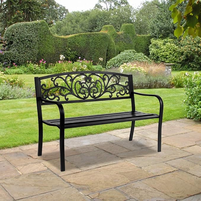 50in Outdoor Metal Porch Benches,Weatherproof Patio Park Bench,Outside Leisure Bench,Outdoor Garden Park Bench,with Butterfly Back and Armrests,for Lawn, Deck, Path, Backyard, Entryway (Black)