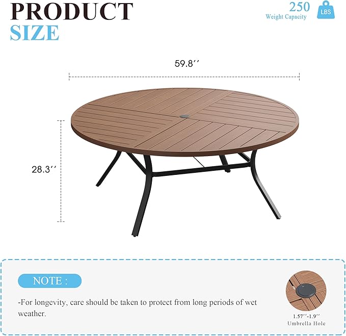 VICLLAX 60" Round Patio Table with Umbrella Hole, All Weather Metal Outdoor Dining Table for 8, Outside Table for Lawn Garden, Walnut Wood-Grain Finish