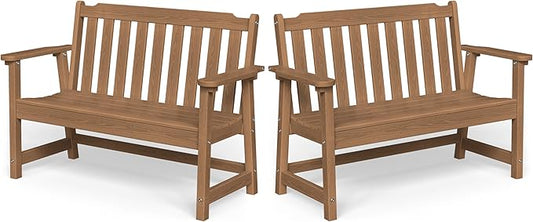 Ciokea 49" Heavy Duty Outdoor Bench Set of 2, HDPE Weatherproof Garden Bench, 2-Person Memorial Benches with 660 Lbs, Waterproof Patio Porch Benches for Outside Business Deck Office Backyard, Teak