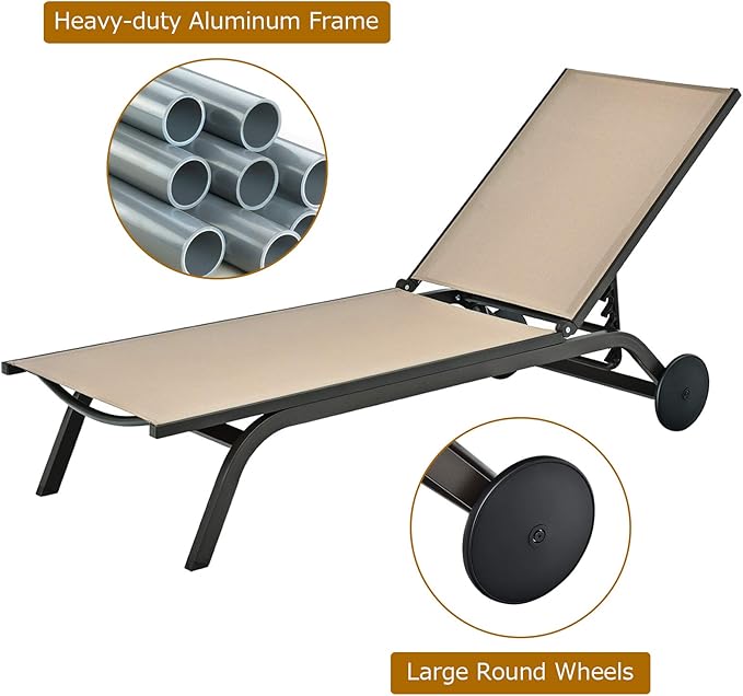Tangkula Outdoor Aluminum Chaise Lounge, Patio Lounge Recliner Chair w/6 Adjustable Backrest, Reclining Chaise Chair with Wheels for Beach, Yard, Balcony, Poolside (2, Brown)