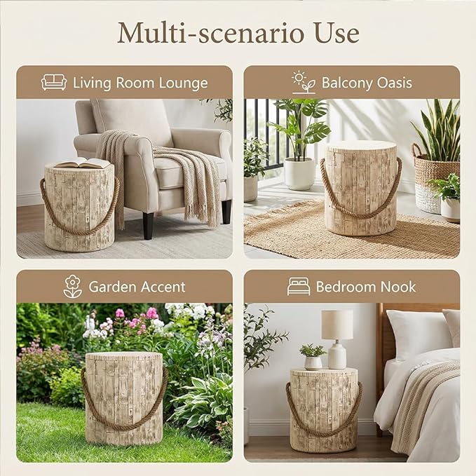 Faux Stump Side Table Outdoor Concrete End Table with Braided Cord Small Round Coffee Tables for Indoor Outdoor, Garden Stool Plant Stand for Porch, Patio, Cement Gray