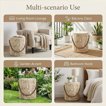 Faux Stump Side Table Outdoor Concrete End Table with Braided Cord Small Round Coffee Tables for Indoor Outdoor, Garden Stool Plant Stand for Porch, Patio, Cement Gray