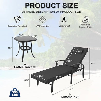 Kurapika Patio Chaise Lounge Set 3 Pieces, Aluminum Outdoor Lounge Chair, Adjustable Backrest, Pool Sunbathing Recliners with Side Table for Poolside Beach, Black