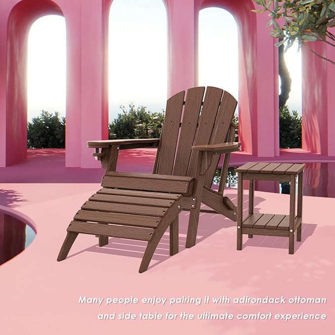 IVY&LANE Folding-Adirondack-Chair | HDPE Plastic | Dark Brown | Outdoor Fire Pit Chairs with Cup Holder | Poly | Weather Resistant | for Patio Deck Poolside Garden Beach
