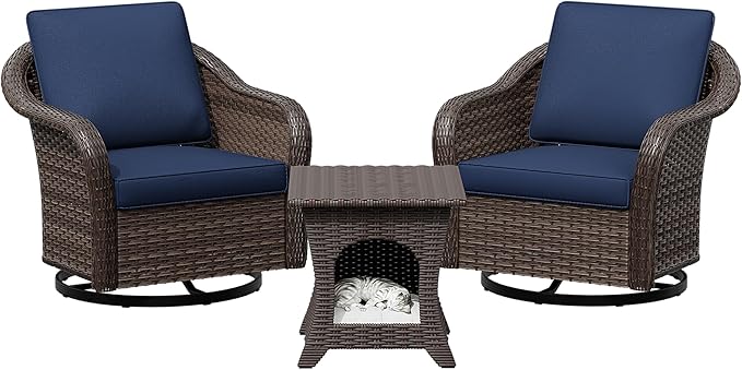 Outdoor Wicker 360 Degree Swivel Glider Rocker Chairs Set of 2 with Cat House Side Table - Photo 9