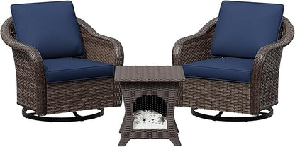 Outdoor Wicker 360 Degree Swivel Glider Rocker Chairs Set of 2 with Cat House Side Table, Patio Conversation Furniture Set with Washable Cushions for Garden, Poolside (Navy Blue)