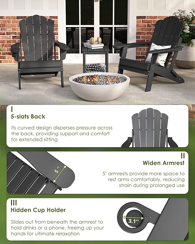 GREENVINES Oversized-Folding-Adirondack-Chairs-Set-of-4 | HDPE Plastic | Cup Holder | Fire Pit Chair | All Weather | for Outdoor Deck Backyard | Black