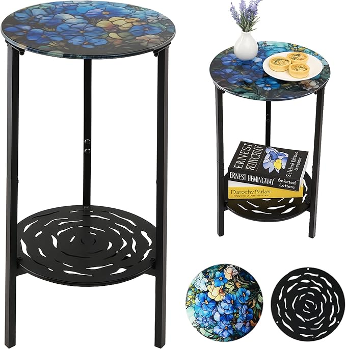 2-Tier Metal Round Side Table Black Accent Coffee Tables Small Space Corner Plant Stand Shelf for Indoor Outdoor Use - Photo 8