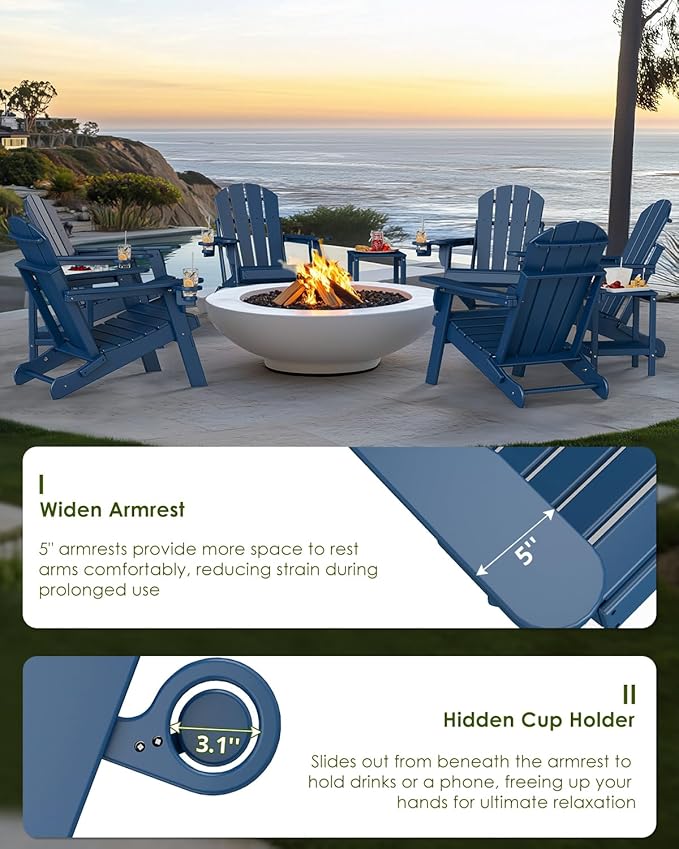 GREENVINES Folding-Adirondack-Chairs-Set-of-6 | HDPE Plastic | Fire Pit Chair | All Weather | Cup Holder | Blue - Photo 5