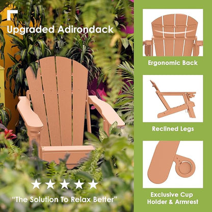 GREENVINES Adirondack-Chairs-with-Ottoman | Set of 4 | Folding | Retractable-Footrest | HDPE Plastic | All Weather Fire Pit Chair | Cup Holders | Teak | for Outdoor Poolside